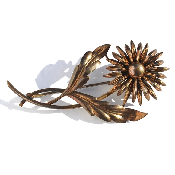 Vintage Symmetalic Sterling Silver Flower Brooch 14K Gold Overlay Floral Large - Picture 1 of 6